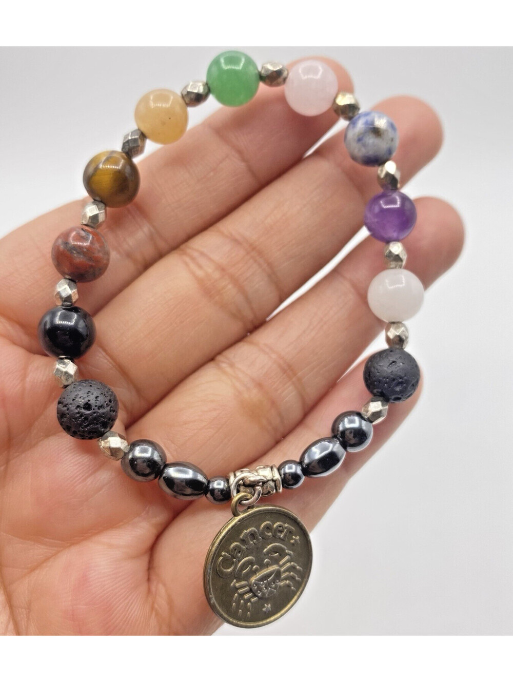 Zodiac Cancer Sign Charm Bracelet Natural Chakra Multi Stone Beaded Stretch 6.25